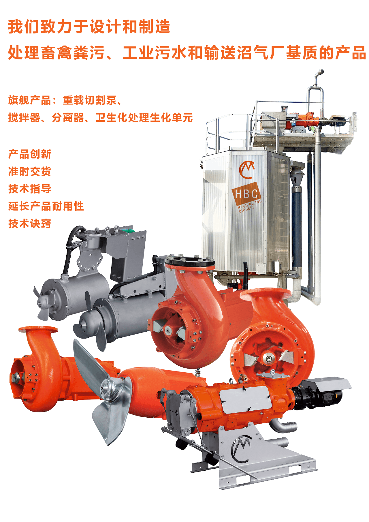 A product catalog image for CRI-MAN, displaying a variety of their pumps and mixers. The text, in Chinese, highlights their
commitment to designing and manufacturing products for livestock manure, industrial wastewater, and biogas slurry.