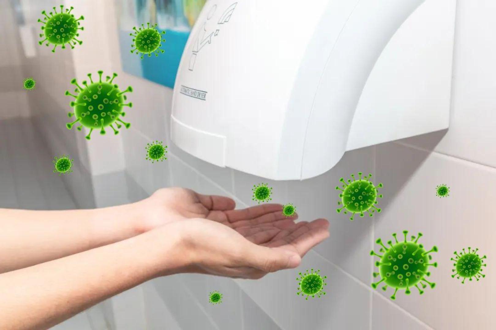 公共厕所烘干机周围飘浮的绿色病毒细菌示意图，显示烘干机传播细菌的卫生隐患